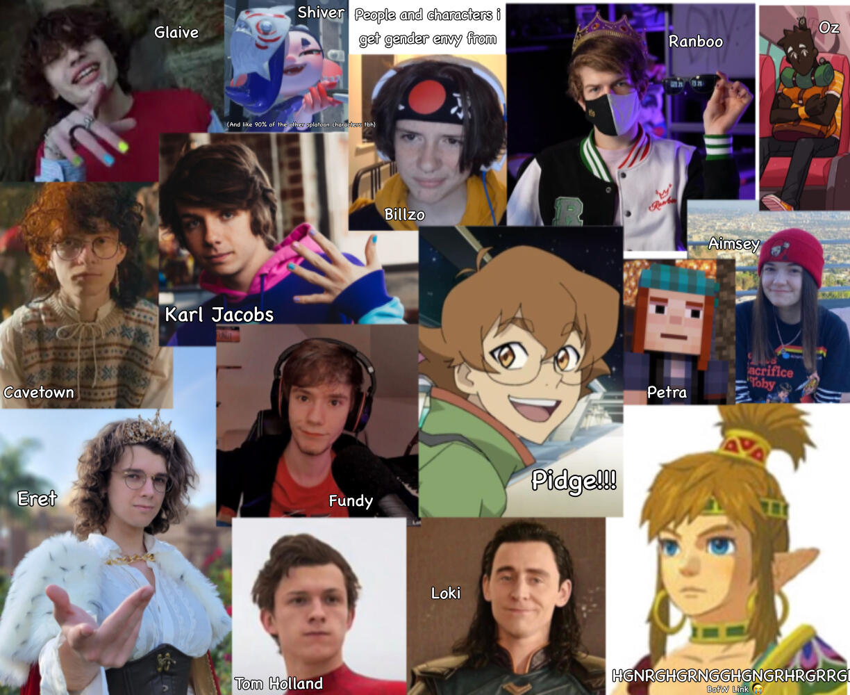 People who give me gender envy! Images of: Glaive, Shiver (from Splatoon 3,) Billzo, Ranboo, Oz (from monster camp/monster high,) cavetown, Karl Jacobs, Pidge (from voltron,) Petra (from minecraft story mode,) Aimsey, Eret, Tom Holland, Loki, & Link (BotW)